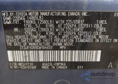 2012 Toyota Rav4 из США, поврежденный, VIN 2T3JF4DV9CW184659